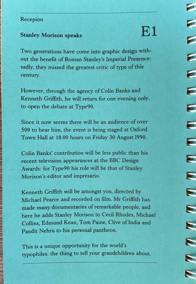 Typeset page from Type90 program book, black ink on blue background: description of ‘Stanley Morison speaks.’