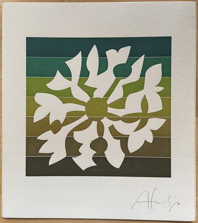 Print of angular floral shapes around an empty center; the shapes are paper-colored while behind them is a square of seven horizontal bands of color, all greenish or brownish.  Signature at bottom right: ‘Afrutiger’